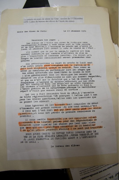 Lettre du bureau des élèves de l'École des Mines - catastrophe de Fouquières 1970